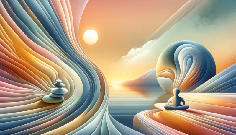 An abstract and harmonious image representing the concept of emotional balance. The scene features a serene landscape with elements symbolizing stabil